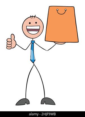 Stickman businessman holding shopping bag and giving thumbs up. Hand drawn outline cartoon vector illustration. Stock Vector