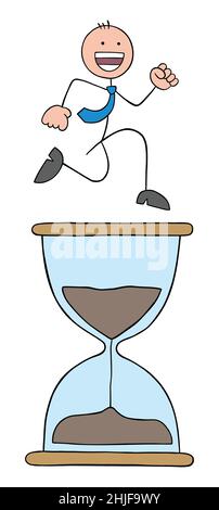 Stickman businessman is happy, energetic and running on the big hourglass. Hand drawn outline cartoon vector illustration. Stock Vector