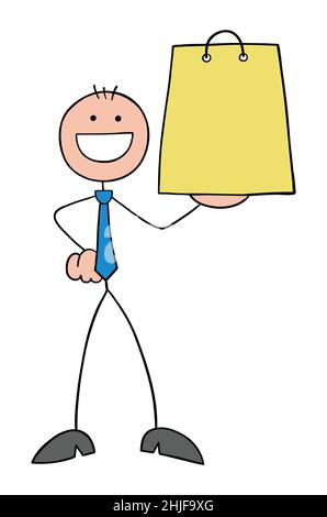 Stickman businessman holding shopping bag. Hand drawn outline cartoon vector illustration. Stock Vector