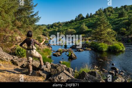 An asian female fly fisher women wearing waders and resting a rod on her  shoulder, as she looks where to fish on a river in Scotland Stock Photo -  Alamy