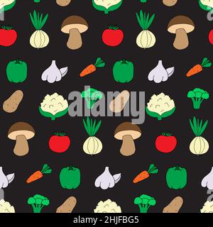 Seamless pattern with doodle style vegetables. Print for wallpaper, wrapping paper, textile background. Hand drawn illustration, good nutrition style Stock Vector
