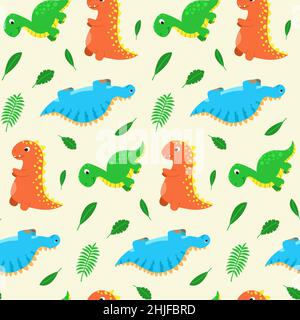 Seamless pattern with funny cartoon dinosaurs. Cute print for children clothes, textile, nursery room decor. Baby background for fabric, postcard Stock Vector