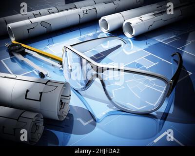 Augmented reality glasses with architectural bluprint floor plans. 3D illustration. Stock Photo