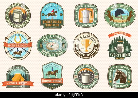 Summer camp and horse riding club patches. Vector illustration. Camping and horse riding club color sticker, logo with camping equipment and horse Stock Vector