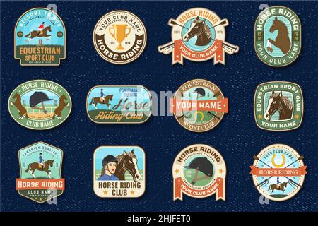 Set of Horse racing sport club badge, patch, emblem, logo. Vector illustration. Vintage equestrian label, sticker with rider and horse silhouettes Stock Vector