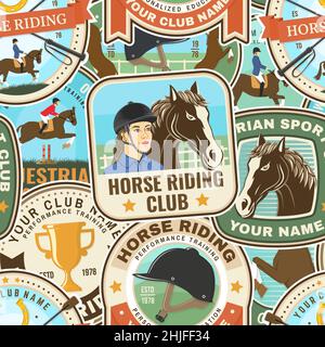 Horse riding patches seamless pattern. Vector. Color equestrian background with rider and horse silhouettes. For polo sport and horse riding pattern Stock Vector