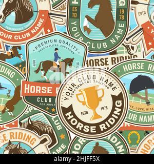 Horse riding patches seamless pattern. Vector. Color equestrian background with rider and horse silhouettes. For polo sport and horse riding pattern Stock Vector