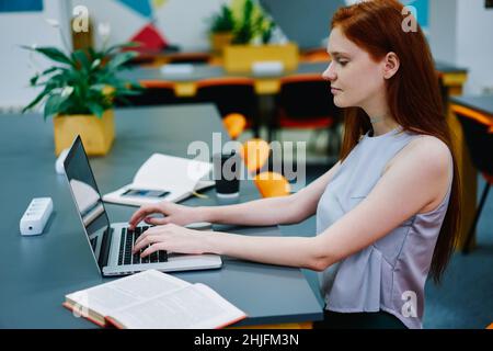 Young lady working on laptop in modern workspace Stock Photo