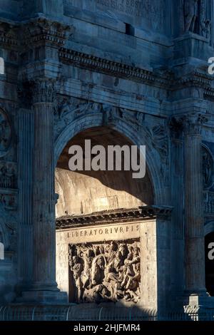 Arch of Constantine, a triumphal arch in Rome, Italy, built to commemorate the victory of Emperor Constantine the Great over Maxentius in AD 312. Stock Photo