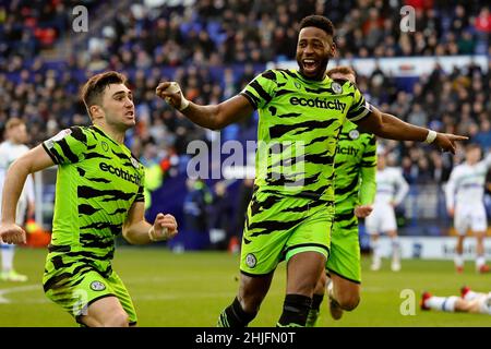 Birkenhead, UK. 29th Jan, 2022. Jamille Matt of Forest Green Rovers celebrates the third goal during the Sky Bet League Two match between Tranmere Rovers and Forest Green Rovers at Prenton Park on January 29th 2022 in Birkenhead, England. (Photo by Tony Taylor/phcimages.com) Credit: PHC Images/Alamy Live News Stock Photo