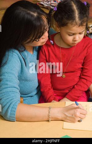 Education Preschool classroom 4-5 year olds female teacher with girl writing down what the girl wants to say about her drawing Stock Photo