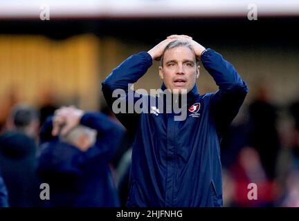 Cheltenham Town manager Michael Duff reacts during the Sky Bet League One match at The Jonny-Rocks Stadium, Cheltenham. Picture date: Saturday January 29, 2022. Stock Photo