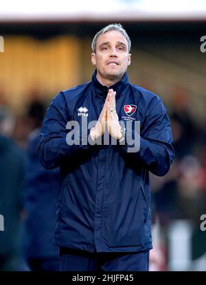 Cheltenham Town manager Michael Duff during the Sky Bet League One match at The Jonny-Rocks Stadium, Cheltenham. Picture date: Saturday January 29, 2022. Stock Photo