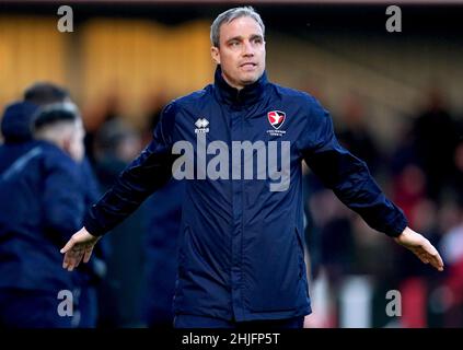 Cheltenham Town manager Michael Duff during the Sky Bet League One match at The Jonny-Rocks Stadium, Cheltenham. Picture date: Saturday January 29, 2022. Stock Photo