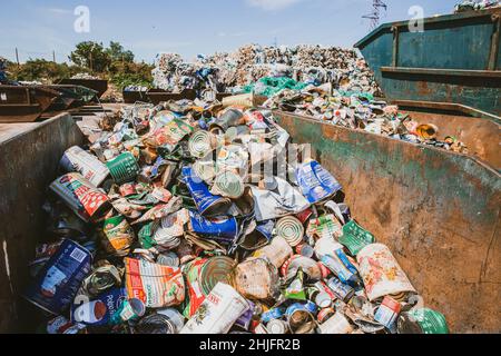Krk, Croatia - 24 August, 2021: Metal cans waste collected at junkyard at waste recycling management centre on Krk island in Croatia Stock Photo