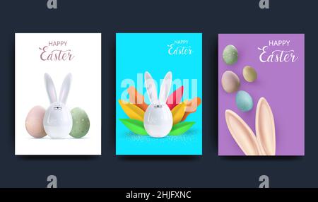 Easter set of greeting cards, holiday covers, posters, flyers in realistic 3d style with easter eggs and ceramic bunny. Vector Stock Vector