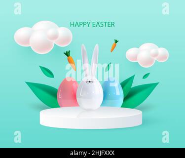 Happy Easter holiday background. Festive design with realistic 3D bunny and decorative elements. Spring leaves and eggs. Flying carrot. Banner, web Stock Vector