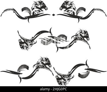 Black and white horse lines - three options for your design. Double wave symbols of the horse's head with a feather element for book graphics, prints Stock Photo