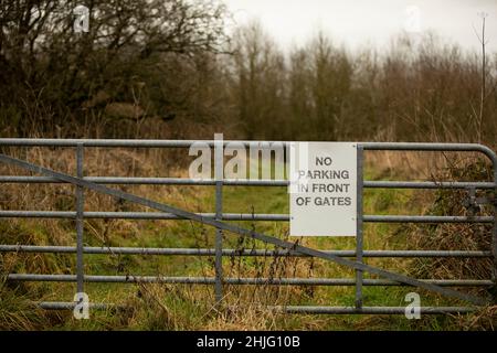 white sign with no parking in front of gates on a metal gate Stock Photo