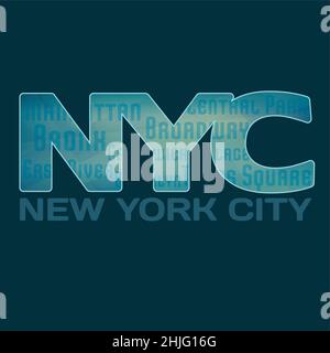 New York City graphic emblem with lettering NYC for t-shirt. Vector design label. CMYK color mode Stock Vector