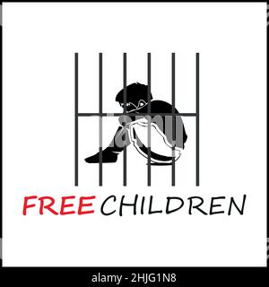 Free children. Conceptual illustration of children and prison of child freedom. Stock Vector