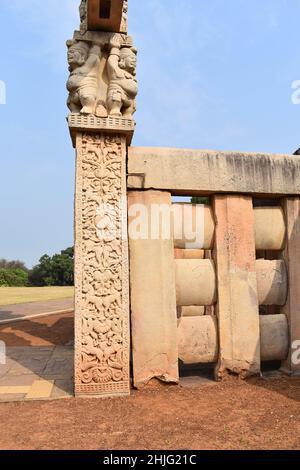 Stupa No 1, West Gateway, Right Pillar Outside Panel, Horsemen on mythical beasts and floral designs Stock Photo