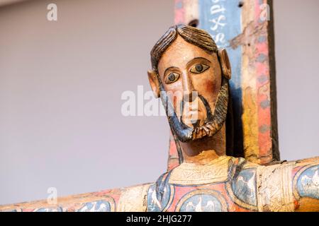 Anonymous Catalan, Majesty of Christ on the cross, Carved and polychrome wood, Late 12th century, Museo de Bellas Artes, Bilbao, Spain Stock Photo