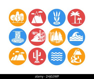 Vector nature glyph isolated icons set. desert, mountains, forest, river, sea, lake. Graph symbol for travel and tourism web site and apps design, log Stock Vector