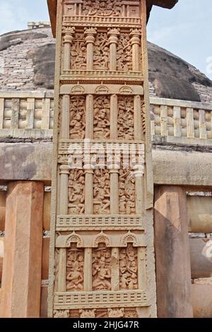 Stupa No 1, East Gateway,  Right  Pillar, Front Face: The whole face depicts the six heavens as per the Buddhist tradition. The Great Stupa, World Her Stock Photo