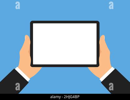 Flat design illustration of manager or businessman hands with tablet. Shows a blank white touch screen with space for your image and text - vector Stock Vector