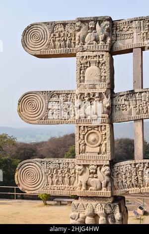 Stupa No 1, West Gateway. Rear view of Architraves Closeup of left side. The Great Stupa, World Heritage Site, Sanchi, Madhya Pradesh, India. Stock Photo