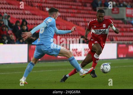 MIDDLESBROUGH, UK. JAN 29TH Middlesbrough's Anfernee Dijksteel takes on Coventry City's Liam Kelly during the Sky Bet Championship match between Middlesbrough and Coventry City at the Riverside Stadium, Middlesbrough on Saturday 29th January 2022. (Credit: Michael Driver | MI News ) Credit: MI News & Sport /Alamy Live News Stock Photo