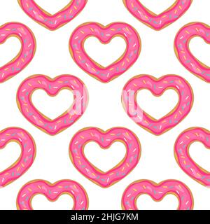 Heart Donut seamless pattern. Cute cartoon doughnuts with pink glaze on white background. Valentines Day Backdrop. Vector template for greeting card, Stock Vector