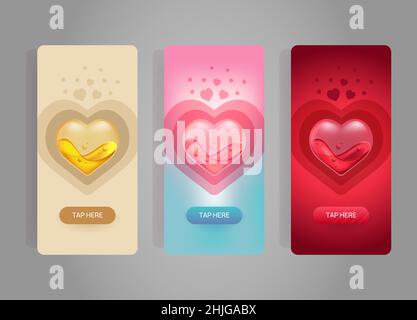 Vertical valentines day banners. Transparent hearts with liquid inside. Web template design set. Colorful flyer set Stock Vector