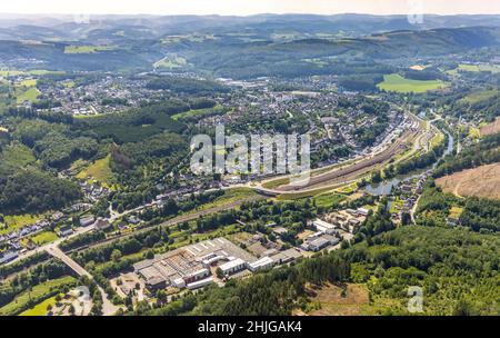 Aerial view, industrial area Am Lennedamm, railway station Finnentrop, Finnentrop, Sauerland, North Rhine-Westphalia, Germany, railway tracks, station Stock Photo