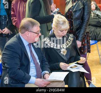 Brentwood, UK. 29th Jan, 2022. Brentwood Essex 29th Jan 2022 Holocaust Trust Memorial meeting at Brentwood County High School, Pictured, Mark Francois MP and Councillor Ms Olivia Sanders, Mayor of Brentwood, Credit: Ian Davidson/Alamy Live News Stock Photo