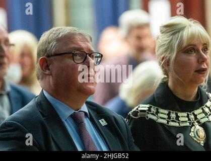 Brentwood, UK. 29th Jan, 2022. Brentwood Essex 29th Jan 2022 Holocaust Trust Memorial meeting at Brentwood County High School, Pictured Mark Francois MP with Councillor Ms Olivia Sanders, Mayor of Brentwood Credit: Ian Davidson/Alamy Live News Stock Photo