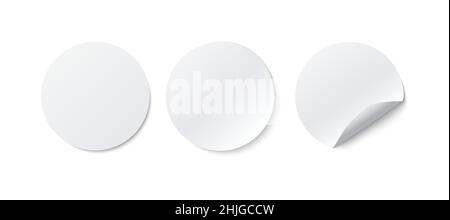 Circle adhesive stickers. Realistic vector white paper round stickers with peeling corner and shadow isolated on white background Stock Vector