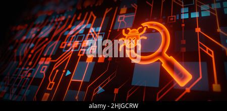 Binary code with BUG and magnifying lens glowing circuit board background web banner header Stock Photo