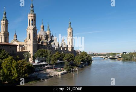 The Cathedral-Basilica of Our Lady of the Pillar view from the river Ebro,one of Europe’s great cities,Spain Stock Photo
