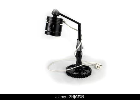 Homemade black table lamp isolated on white. Stock Photo