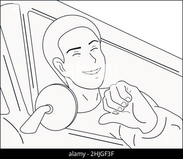 Black and white drawing. The white guy travels by car. The man is happy with life and smiles. The concept of success, good mood. Love yourself. Stock Vector