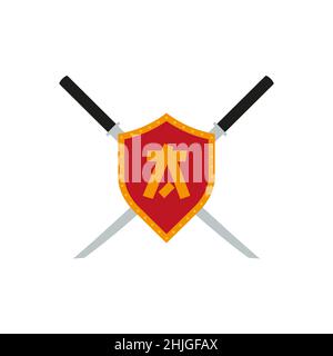 Heraldic shield and crossed swords icon. Letter A emblem template. Flat vector illustration isolated on white background. Stock Vector