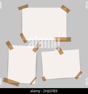 Three sticky paper notes. Reminders on transparent adhesive sticky tape. Writing memo pages, lists. Notebook sheet. 3D realistic vector illustration o Stock Vector