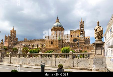 Facade view of Palermo Cathedral (Metropolitan Cathedral of the Assumption of Virgin Mary), located in Palermo, Sicily, Italy. UNESCO World Heritage S Stock Photo