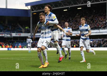 London, UK. 29th Jan, 2022. Jimmy Dunne of QPR scores to make it 4-0 and celebrates during the EFL Sky Bet Championship match between Queens Park Rangers and Reading at The Kiyan Prince Foundation Stadium, London, England on 29 January 2022. Photo by Ken Sparks. Editorial use only, license required for commercial use. No use in betting, games or a single club/league/player publications. Credit: UK Sports Pics Ltd/Alamy Live News Stock Photo