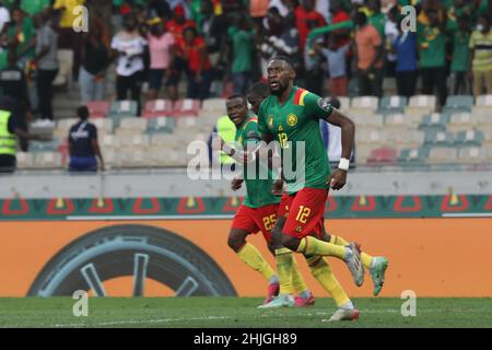 Cameroon, Douala, 29 January 2022 - Karl Toko Ekambi of Cameroon celebrates after scoring goal during the Africa Cup on Nations Play Offs - Quarter-finals match between Gambia and Cameroon at Japoma Stadium, Douala, Cameroon 29/01/2022 Photo SF Credit: Sebo47/Alamy Live News Stock Photo