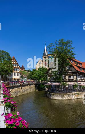 Esslingen am Neckar, Baden-Württemberg, Germany: View from the Agnesbrücke over the Roßneckarkanal on beer garden restaurant. Stock Photo