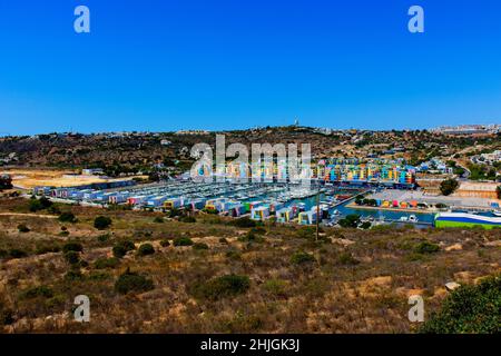 A colourful scenic landscape view of Marina De Albufeira taken on 30th July 2019 Stock Photo