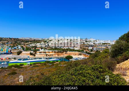 A scenic landscape view of the countryside overlooking the Marina in Albufeira taken on 30th July 2019 Stock Photo